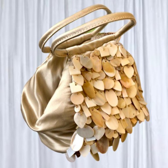 Evening Satchel Handbag Dangling Shell Beads Vintage Double Handles - Picture 5 of 11